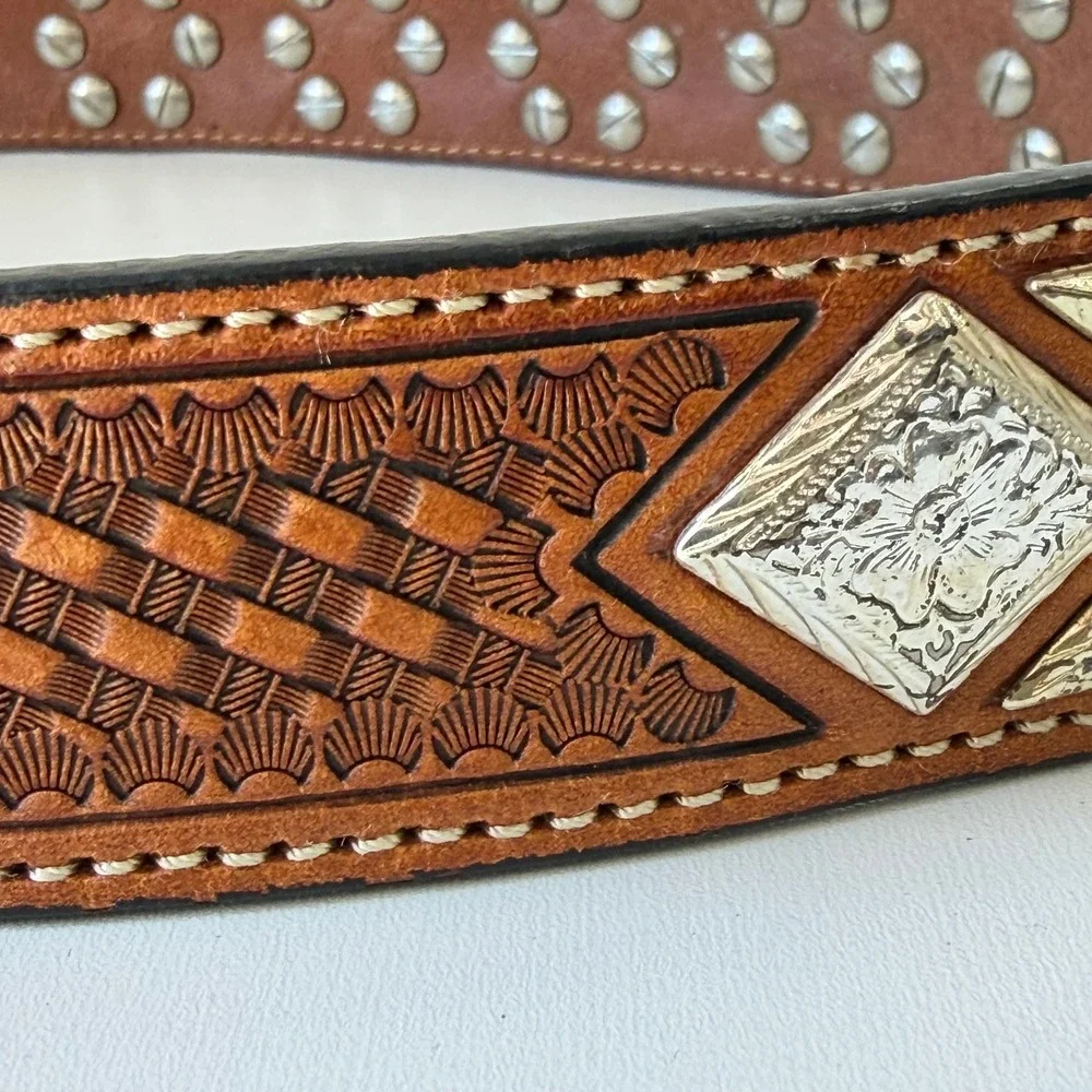 Vintage Nocona Western Belt Womens 30 Brown Tooled Leather Silver Concho Studded